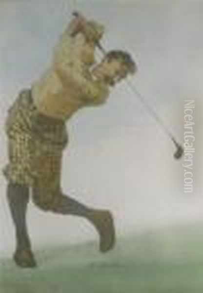 Coloured Print Of A Golfer Oil Painting by Arthur Burdett (Sr.) Frost