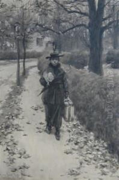 Leaving (woman With Suitcase) Oil Painting by Arthur Burdett (Sr.) Frost