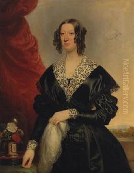 Portrait Of A Lady, Standing 
Three-quarter-length, In A Black Dresswith Lace Collar And Cuffs, 
Flowers On A Table Beside Her, Alandscape Beyond Oil Painting by William Edward Frost