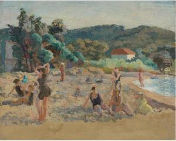 Beach At St. Tropez With Bathers Oil Painting by Roger Eliot Fry