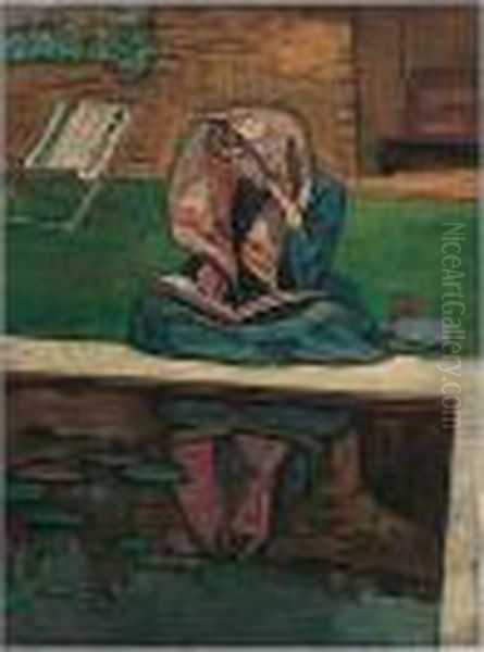 Winifred Gill At The Pool At Durbins Oil Painting by Roger Eliot Fry