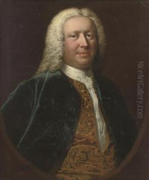 Portrait Of Henry Crispe Of 
Catton (b.1687), Bust-length, In A Blue Velvet Coat And Gold Embroidered
 Waist-coat, In A Feigned Oval Oil Painting by Thomas Frye