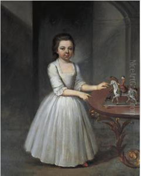 Portrait Of A Young Girl, 
Wearing A Grey Satin Dress, Standing By An Elaborate Roccoco Table With A
 Toy Soldier And Model Horses Oil Painting by Thomas Frye