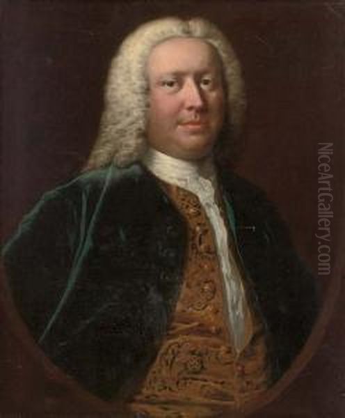 Portrait Of Henry Crispe Of 
Catton (b.1687), Bust-length, In A Blue Velvet Coat And Gold Embroidered
 Waist-coat, Feigned Oval Oil Painting by Thomas Frye