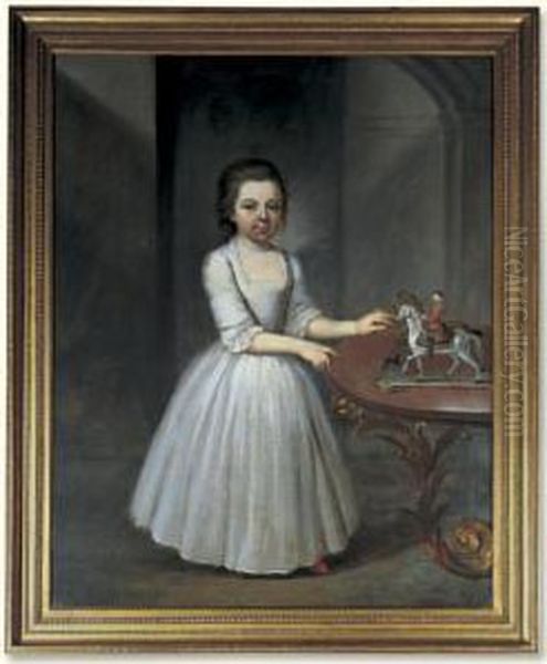 Portrait Of A Young Girl, 
Wearing A Grey Satin Dress, By An Elaborate Roccoco Table With Toy 
Soldiers Oil Painting by Thomas Frye