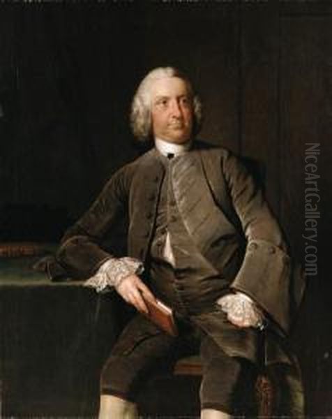 Portrait Of A Gentleman, Seated 
Three-quarter Length, In A Greyvelvet Suit And Lace Cuffs, Holding A 
Book Beside A Table Oil Painting by Thomas Frye