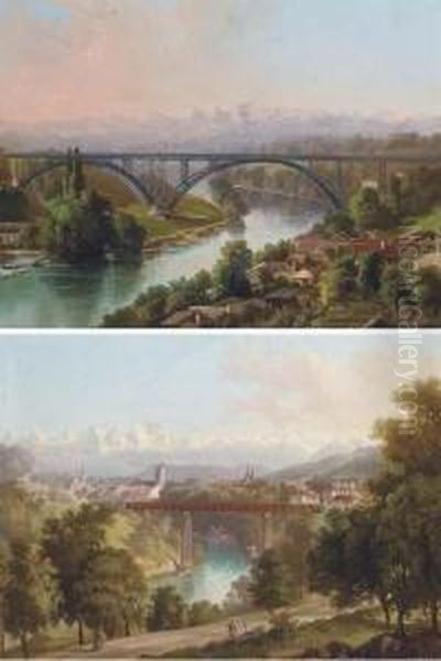 View Of Berne Towards The Alps; And View Of The Railway Bridge, Bern Oil Painting by Karl Fuchs