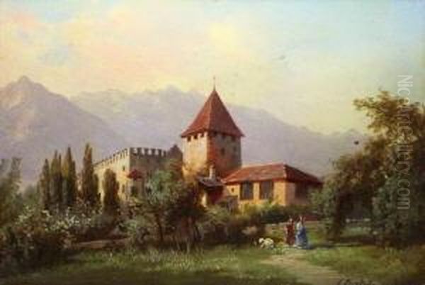 Burg Rubain Bei Meran, Mit Figurenstaffage Oil Painting by Karl Fuchs