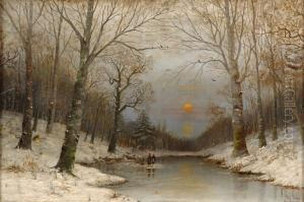 Winterliche Fluslandschaft Mit Landvolk. Oil Painting by Therese Fuchs