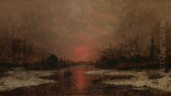 Verschneite Fluslandschaft Im Abendrot Oil Painting by Therese Fuchs