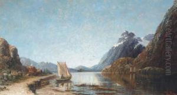 A Fishing Boat On An Alpine Lake Oil Painting by Therese Fuchs