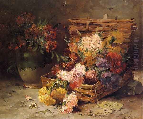 Still Life of Flowes in a Vase and a Basket Oil Painting by Eugene Henri Cauchois