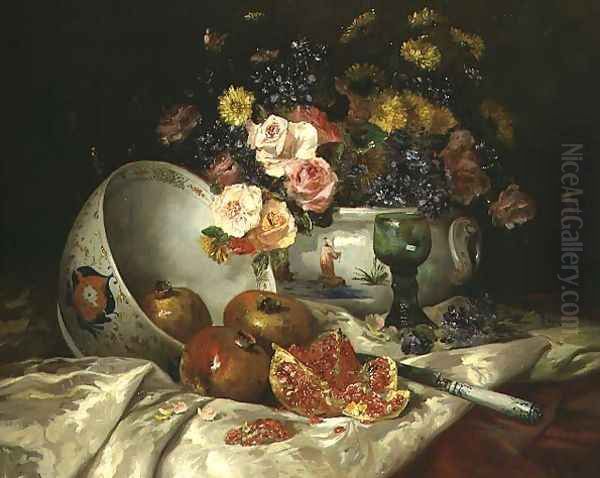 Still life of flowers in a Chinese vase with pomegranates Oil Painting by Eugene Henri Cauchois