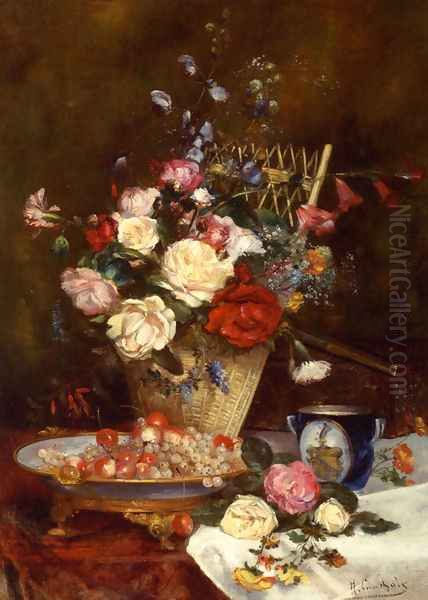 Still Life With Roses, Cherries And Grapes Oil Painting by Eugene Henri Cauchois