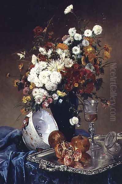 Still Life with Flowers and Pomegranates Oil Painting by Eugene Henri Cauchois