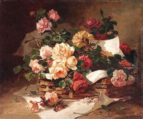 A basket of roses Oil Painting by Eugene Henri Cauchois