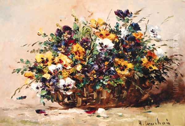 A Basket of Pansies Oil Painting by Eugene Henri Cauchois