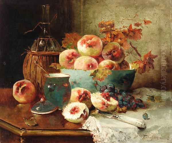 Still life with peaches Oil Painting by Eugene Henri Cauchois