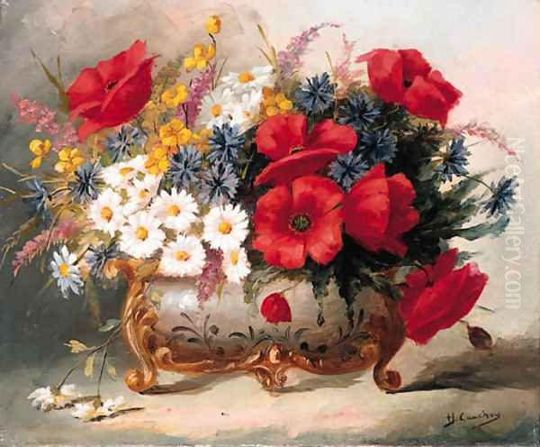 Poppies, Daisies and mixed Summer Flowers in a Roccoco Vase Oil Painting by Eugene Henri Cauchois