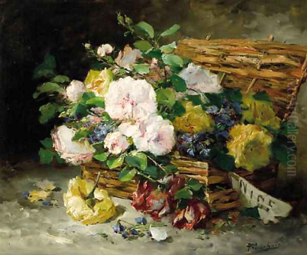 Roses in a basket Oil Painting by Eugene Henri Cauchois