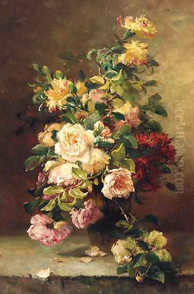 Roses In A Vase On A Stone Ledge Oil Painting by Eugene Henri Cauchois