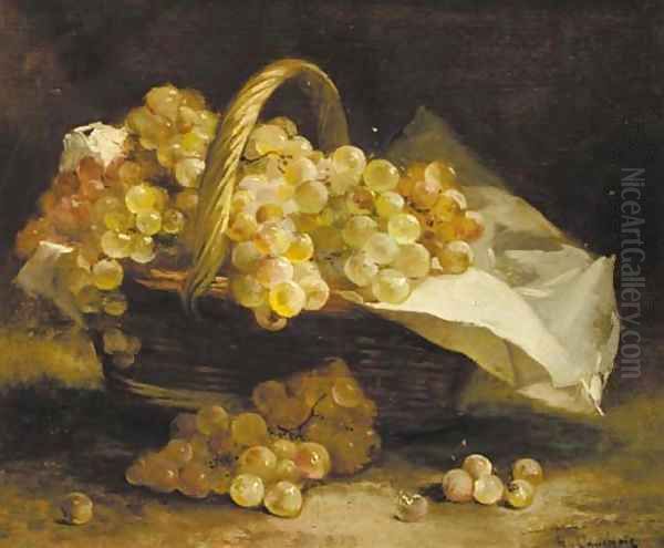 Grapes in a wicker basket Oil Painting by Eugene Henri Cauchois