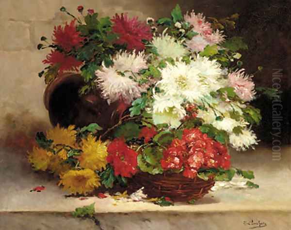 Chrysanthemums and Geraniums in a basket on a ledge Oil Painting by Eugene Henri Cauchois