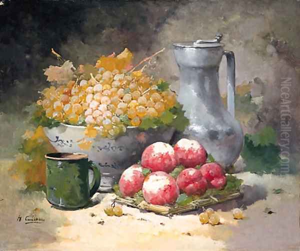 Grapes in a Bowl with Peaches and a pewter Jug Oil Painting by Eugene Henri Cauchois