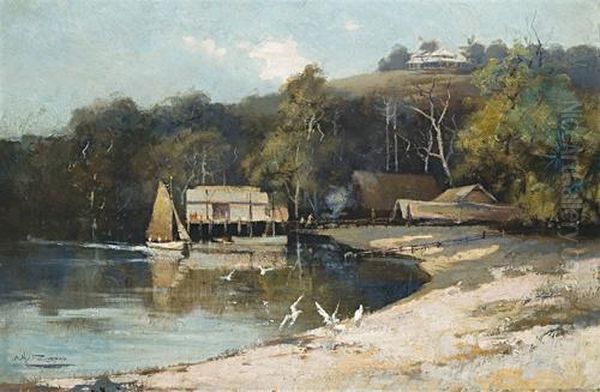 Cove Scene With Boat Houses Oil Painting by Albert Henry Fullwood