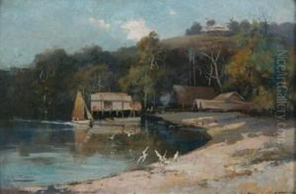 Bayside Scene With Boats And Buildings by Albert Henry Fullwood