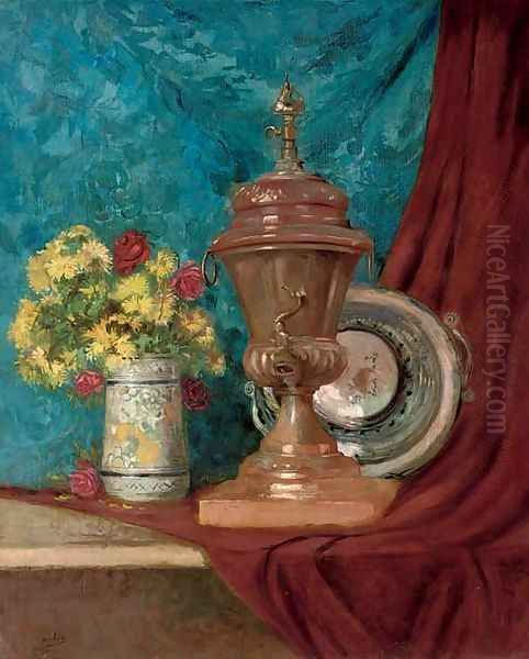 A vase of chrysanthemums and roses alongside an urn and a bowl, on a draped table Oil Painting by Eugene Henri Cauchois