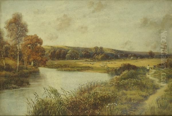 Across The River To The Flock Oil Painting by John Fullwood