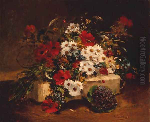 Poppies, Daisies and summer grass on a stone plinth Oil Painting by Eugene Henri Cauchois