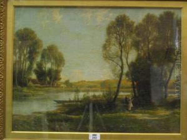 R.b.a English Country Scene With River And Figures Oil On Canvas 46cm X 61cm Oil Painting by John Fullwood