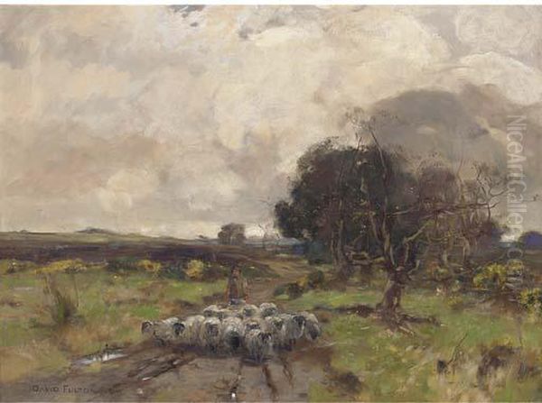 A Shepherd With His Flock Oil Painting by David Fulton