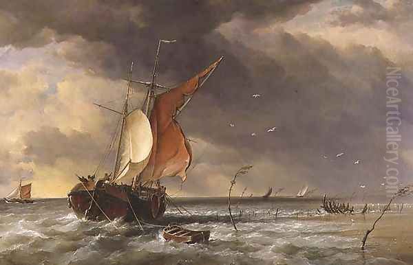 A Dutch Galliot aground on a sandbank on the Bies Bosch, 1878 Oil Painting by Edward William Cooke