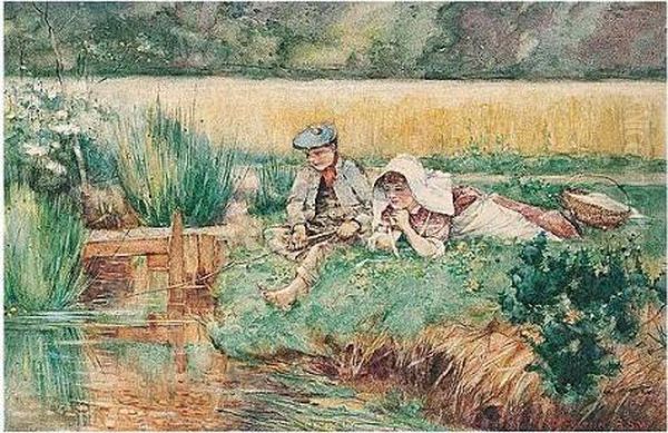 Children Fishing Oil Painting by David Fulton