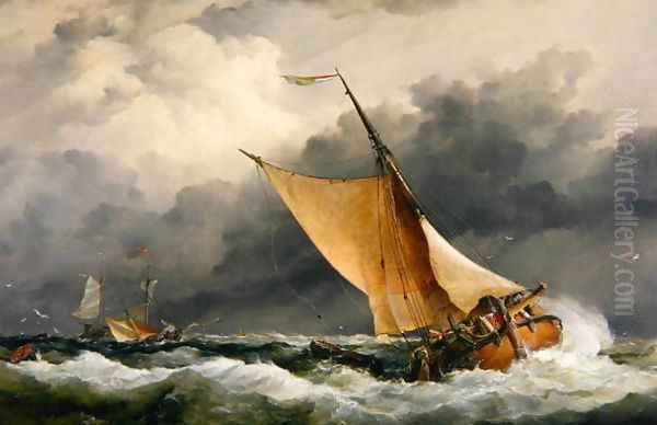 Dutch cargo boats in rough sea Oil Painting by Edward William Cooke