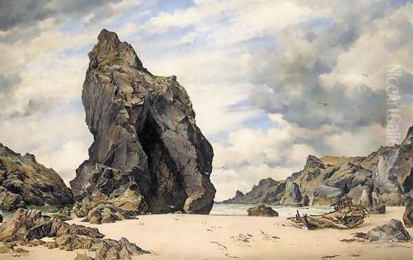 Steeple Rock, Kynance Cove, Lizard, Cornwall, Low Water Oil Painting by Edward William Cooke