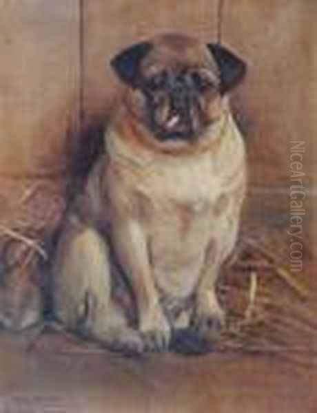 Aseated Pug Dog In A Stable Oil Painting by Samuel Fulton