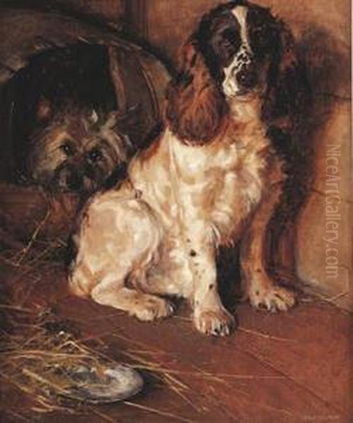 A Prize Spaniel With A Terrier In A Kennel Oil Painting by Samuel Fulton