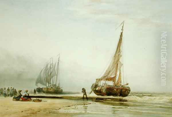 Dutch Fishing Boats on the Beach with Groups of Fisherfolk, 1856 Oil Painting by Edward William Cooke