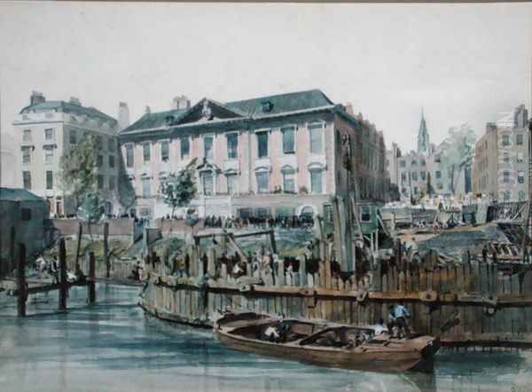 View of a timber cofferdam enclosing pile drivers and hoists for London Bridge, 1826 Oil Painting by Edward William Cooke