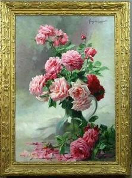 A Vase Of Pink Roses Oil Painting by Albert Tibule Furcy De Lavault