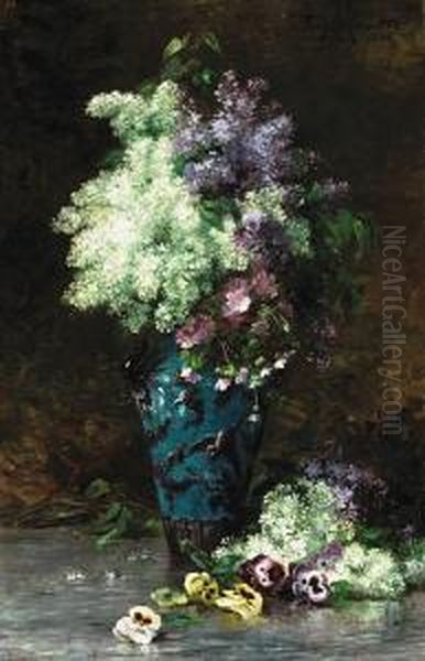 A Still Life Of Lilacs, Pansies And Other Flowers In A Porcelain Vase Oil Painting by Albert Tibule Furcy De Lavault