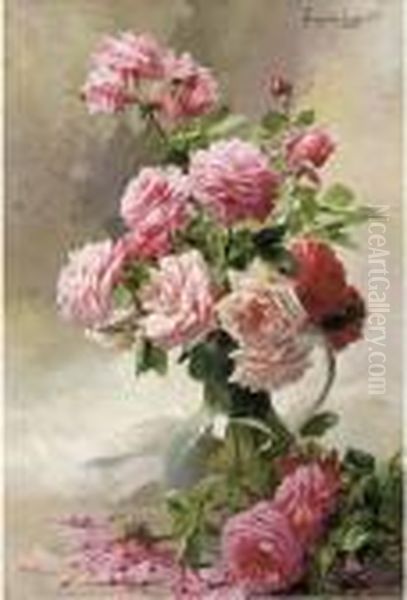 Pink Roses In A Glass Vase Oil Painting by Albert Tibule Furcy De Lavault