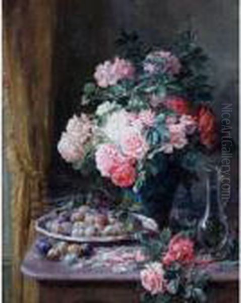 Still Life With Roses And Plums Oil Painting by Albert Tibule Furcy De Lavault