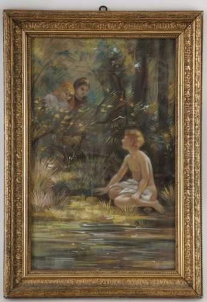 Jeune Baigneur Au Bord De La Riviere Surpris Par 2 Fillettes Oil Painting by Francois Furet