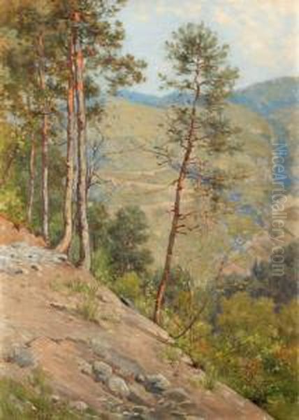 Baumbestandene, Hugelige Landschaft Oil Painting by Francois Furet