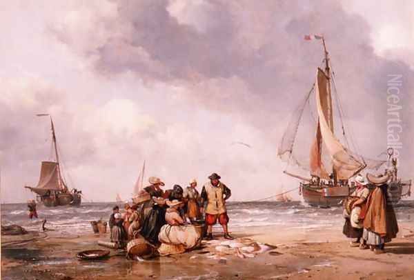 Fisherfolk Counting the Catch Oil Painting by Edward William Cooke